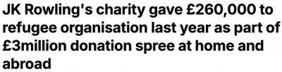 ​JK罗琳的个人财富超过9亿英镑，去年向慈善捐赠超过300万英镑